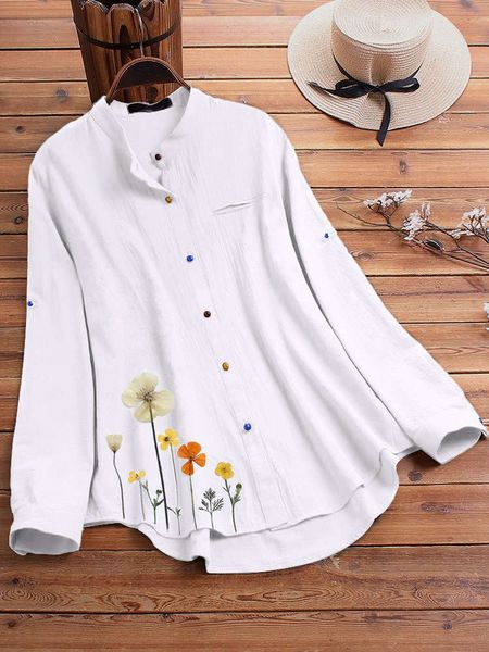 

2021 spring and autumn women's new cotton linen long sleeve white printed shirt