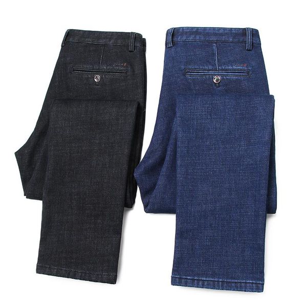 

winter new men's plus velvet jeans business casual straight loose denim trousers stretch brand classic long pants, Blue