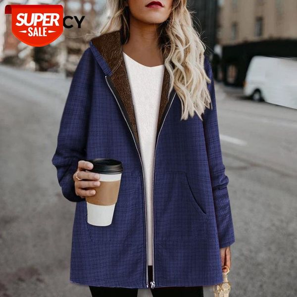 

jfuncy 2020 vintage plaid jackets women coat plus size thick warm hooded zipper overcoat woman autumn winter outwears parkas #lq4h, Black;brown