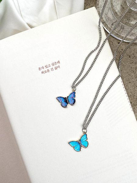 

simple blue butterfly necklace neck jewelry short paragraph clavicle chain neck chain new arrival, Golden;silver