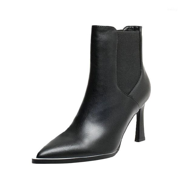 

boots genuine leather ladies ankle blastic band high heels shoes women wedding party dress woman1, Black