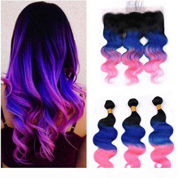 

brazilian human hair #1b blue pink ombre body wave 3bundles with frontal 3tone ombre body wavy lace frontal closure 13x4 with weaves, Black;brown