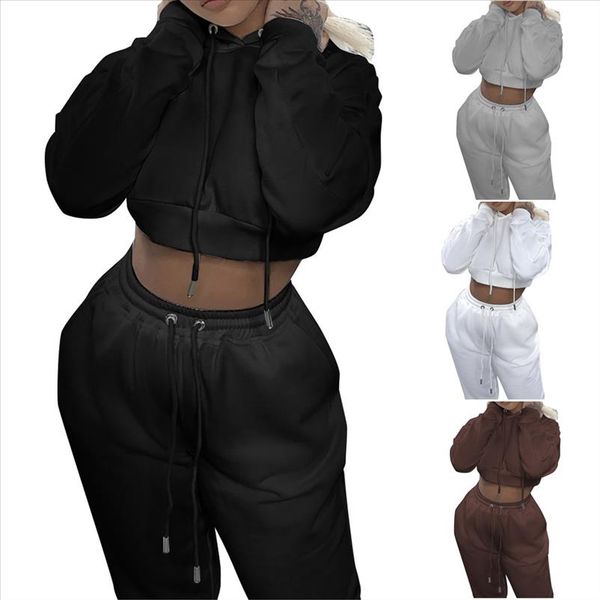 

2021 warm womens set long sleeve pocket hoodies sports trousers tracksuit sweatshirt sweat suit jogging set winter womens, Gray