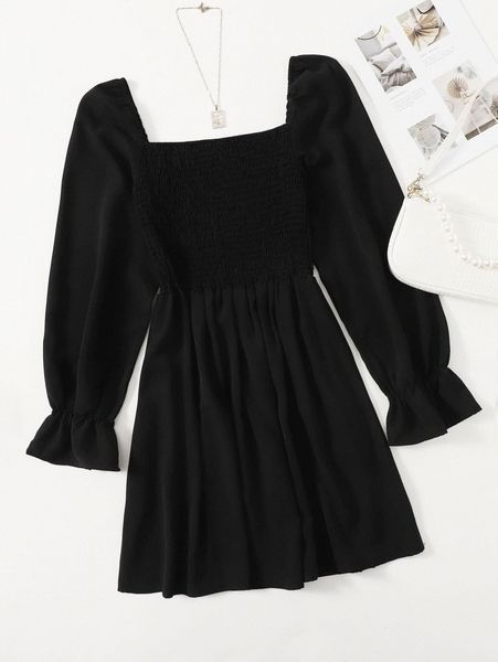 

plus square neck shirred a-line milkmaid dress s3cs#, Black