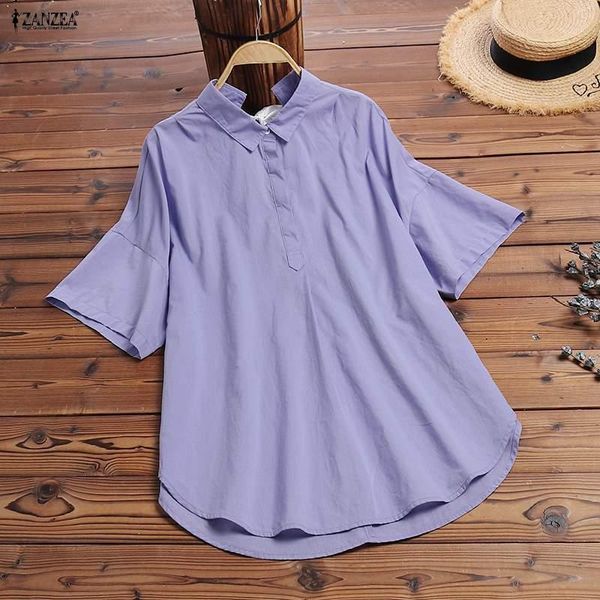 

2020 summer short sleeve blouse zanzea fashion solid lace up shirt women casual lapel cotton tunic female blusas mujer robe1, White
