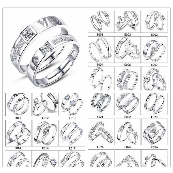 

fashion 30 pairs different design 925 silver lovers zircon opening adjustable ring jewelry for wedding engaged coupl jllbts bdecoat, Slivery;golden