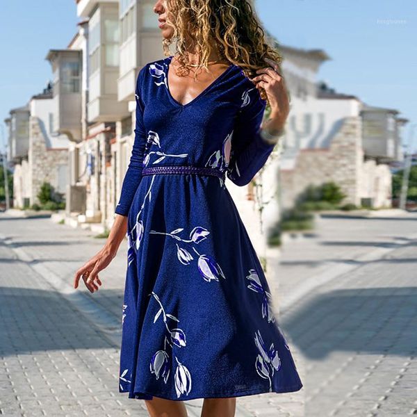 

women's swing dress slim fit a-line dress v-neck long sleeve leaves printed casual large size knee-length dresses1, Black;gray