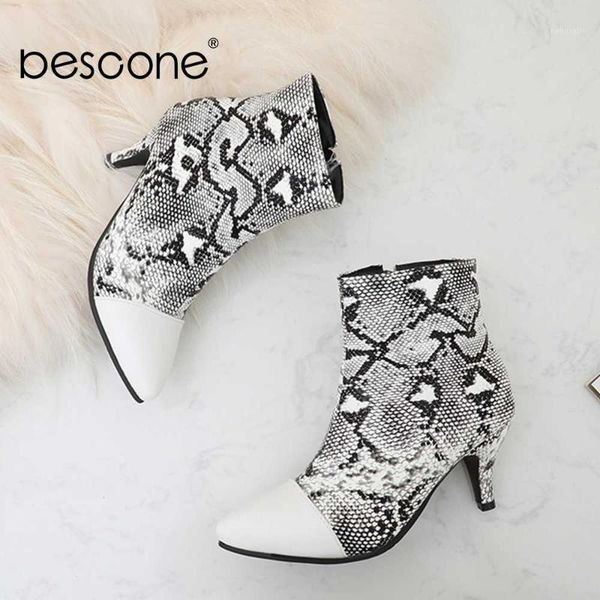 

bescone pointed toe women mid-calf boots winter handmade warm zipper thin heel shoes fashion snake pattern ladies boots bm2251, Black
