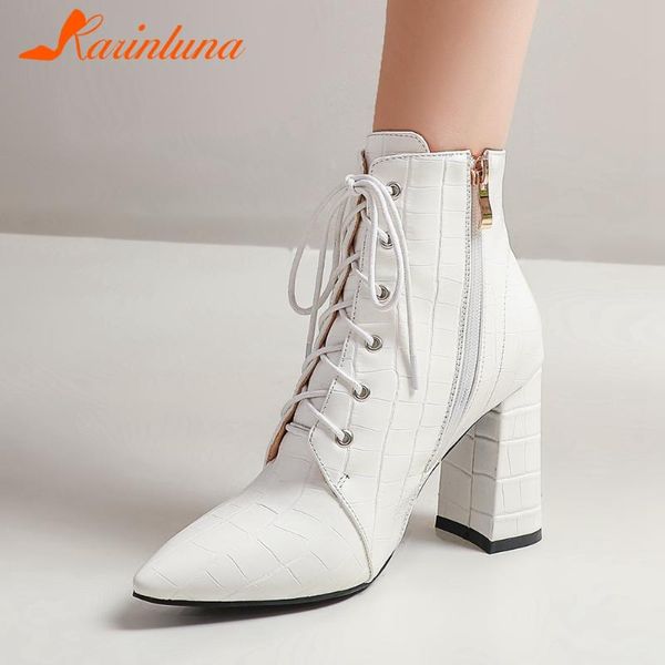 

boots karin 2021 arrival solid cross-tied women shoes concise plaid pointed toe square heels ankle, Black