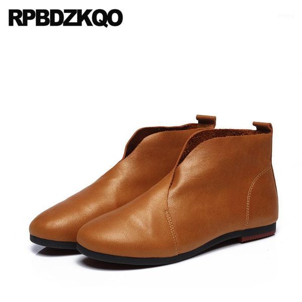 

boots autumn ankle round toe designer shoes women luxury 2021 lace up size 34 flat brown booties genuine leather1, Black
