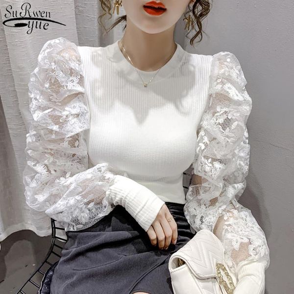 

korean style o-neck puff long sleeve slim lace female 2021 autumn new women lace knitted shirt spliced blouse sweet 11263, White