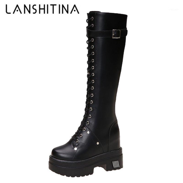 

chunky platform pu leather knee high boots women retro punk height increasing long boots woman warm winter booties mujer 20201, Black