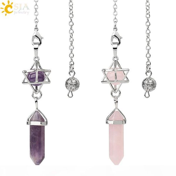 

csja natural stone pendulums for dowsing divination hexagonal prism healing crystal round ball merkaba energy spiritual trendy jewelry g517, Blue;slivery