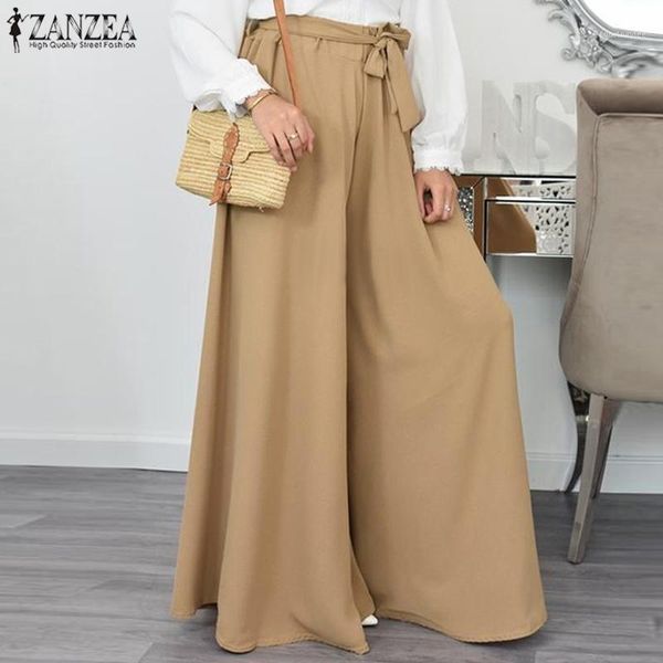 

zanzea elegant women wide leg pants autumn high waist solid long trousers loose streetwear palazzo robe casual flare pantalon1, Black;white