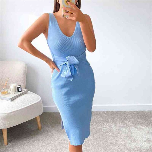 

solid knitted bodycon dress women v neck sleeveless stripe bandage split dresses summer elegant party dress, Black;gray