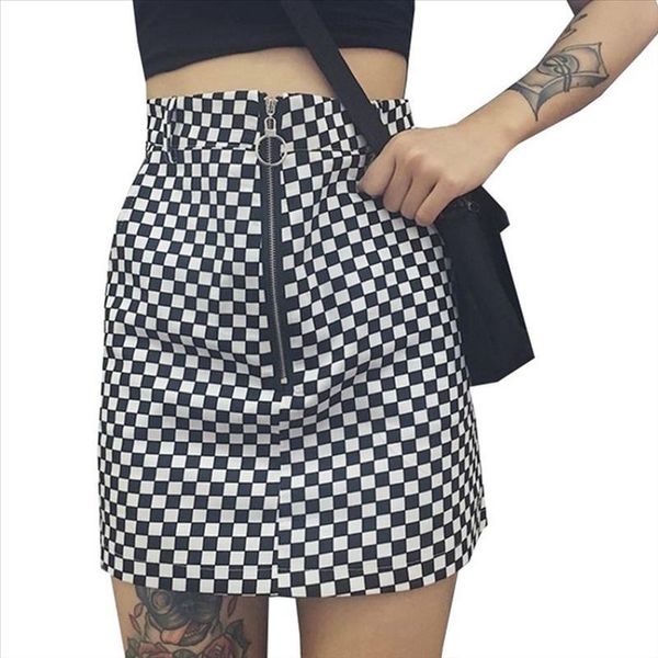 

женщины линии юбка с высокой талией мини юбка летняя короткая юбка fabala grid pattern повседневная плед черный короткий, Black