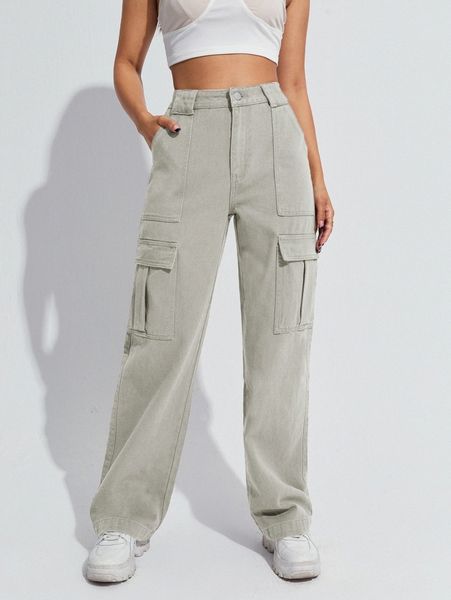 

high waist flap pocket jeans t2et#, Blue