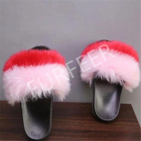 

women's summer faux fur sandals fluffy fake fox fur slippers women slides casual stripe furry flip-flops indoor plush shoes #yb82, Black
