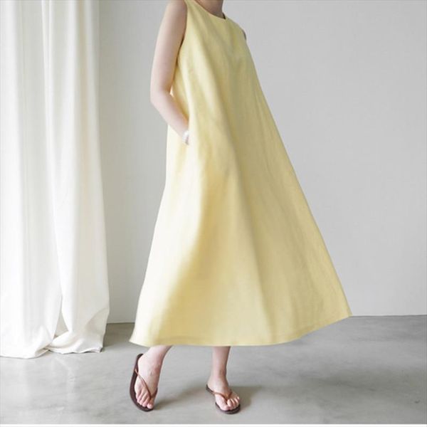

lanmrem 2020 cotton and linen sleeveless vest style dresses female summer loose knee length womens clothes with pockets yj239, Black;gray