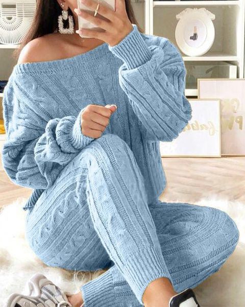 

solid cable knit drop shoulder long sleeve & pants set, White