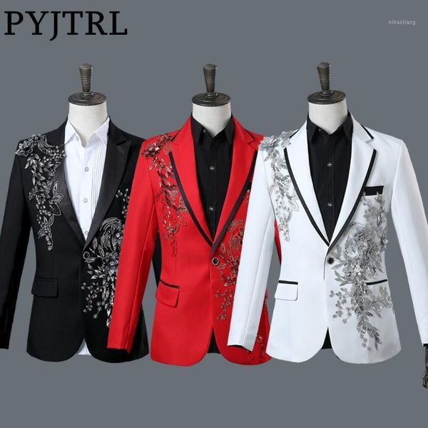 

pyjtrl male double-side 3d crystal embroidery flowers stage singer nightclub suit jacket tide bar mens wedding blazer masculino1, White;black