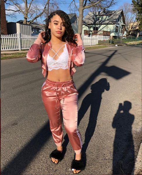 

women's tracksuits satin tracksuit women 2 piece set spring autumn clothes side striped zipper stand collar crop and pants casual femal, Gray