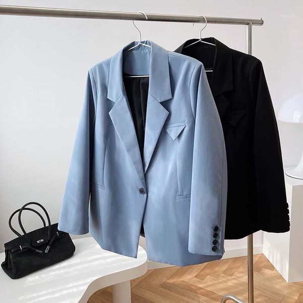 

single buttib blue blazer jacket women's autumn 2021 new design niche one-button blazer1, White;black