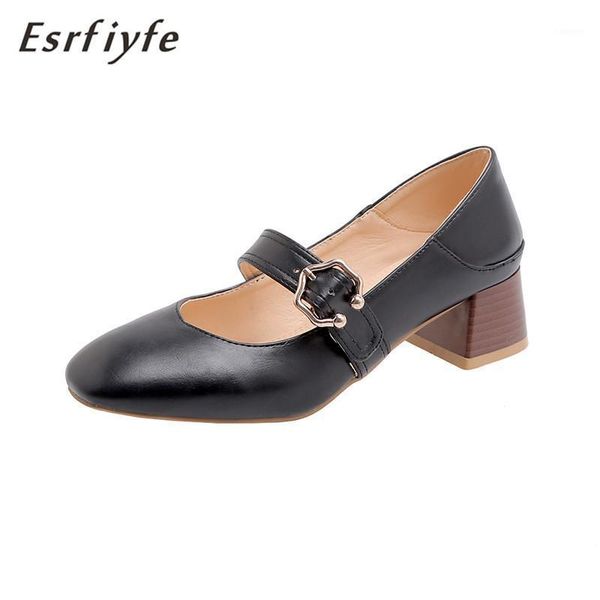 

esrfiyfe 2020 new women dress shoes thick heels mary janes shoes pu leather pumps buckle strap ladies shoe office zapatos mujer1, Black