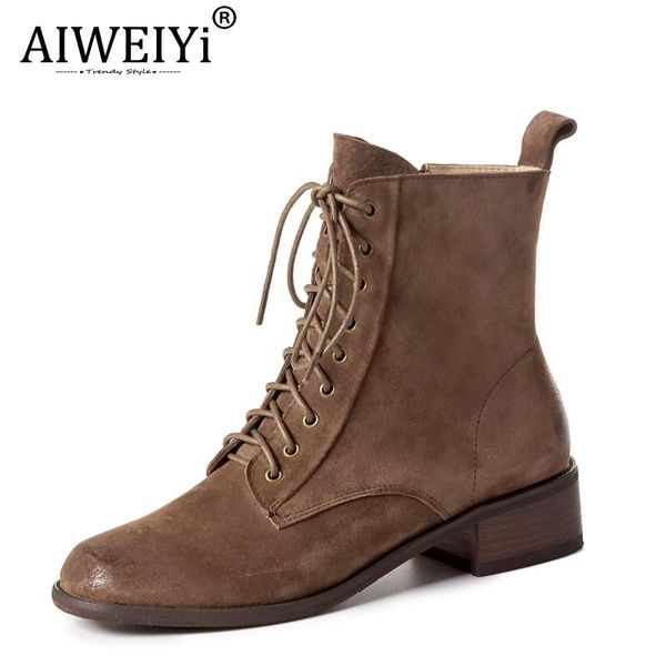 

boots aiweiyi fashion women genuine leather winter shoes lace up cow flat casual warm, Black