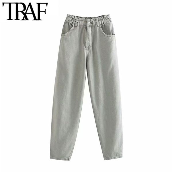 

traf women vintage stylish pockets high waisted jeans fashion elastic paperbag waist female denim harem pants pantalones mujer 201223, Blue
