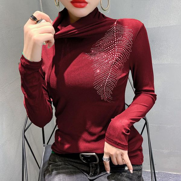 

mesh turtleneck long sleeve t-shirt stretch mujer camisetas 2021 autumn fashion drill slim fit female bottoming shirt, White