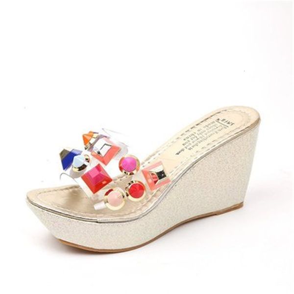 

new 10-inch 2021 high heels crystal slipper summer beach toe leisure mujer women's silver shoes suhj, Black