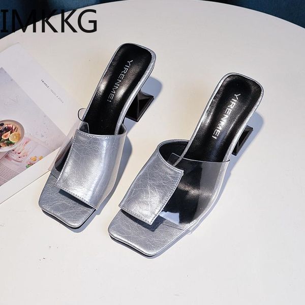 

slippers 2021 women strange heels shoes patchwork silver sandals femmes clear sandales square open toe platform high, Black