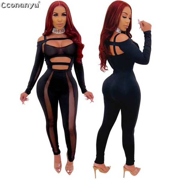 

solid hollow out jumpsuits 2020 bandage backless lace-up rompers tights female jumpsuits, Black;white
