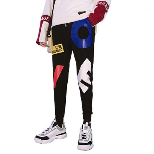 

student hip hop street style letter printing band width loose beam trousers men women slim stretch casual pants1, Black