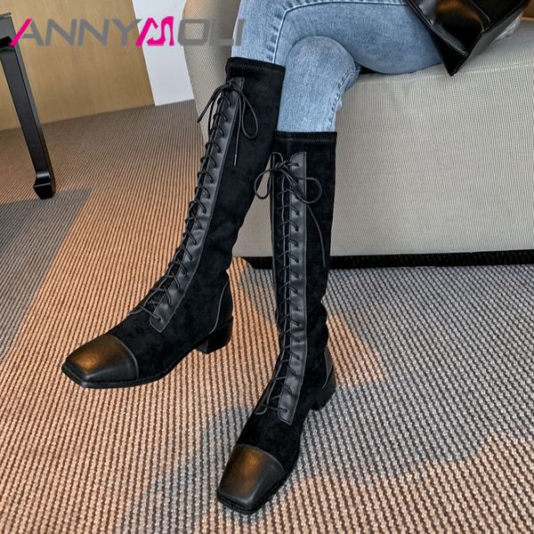 

boots annymoli motorcycle women shoes real leather mid heel knee-high square toe thick heels lace up long lady black
