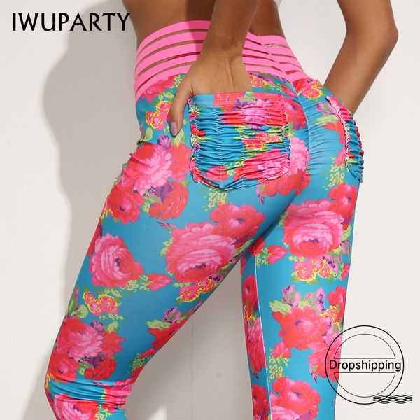 

dropshipping floral printing leggings with lace fold pocket women pushup pants gym fitness leggins mujer workout sportswear 201202, Black