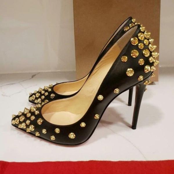 

sexy gold full шипы на высоких каблуки обуви черных белых шпильки лакированной кожи shallow платье заклепка насосы toe 12см заостренного, Black