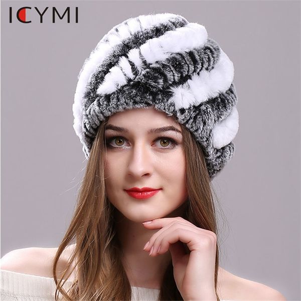 

icymi natural rex rabbit fur hat elastic knitted cap with stripe design handmade real fur hat ladies headgear fashion women hat y200102, Blue;gray