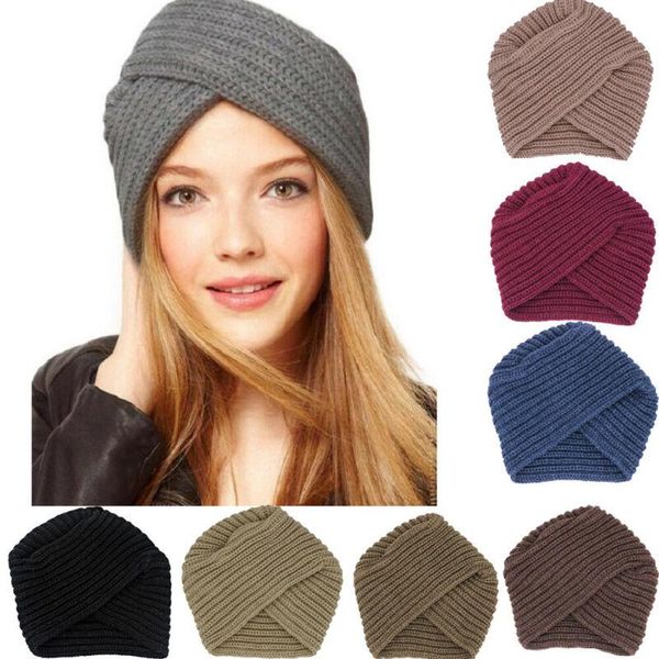 

beanie/skull caps fashion women ladies boho style soft wool crochet knitted cap winter warm casual muslim crossed turban hat black pink coff, Blue;gray