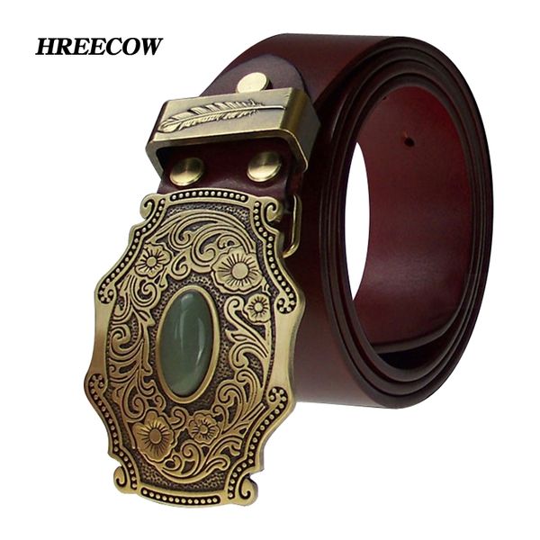 

cow genuine leather belts for men copper buckle tang grass grain inlaid jade brass plate buckle homme making-replica ancient 201111, Black;brown