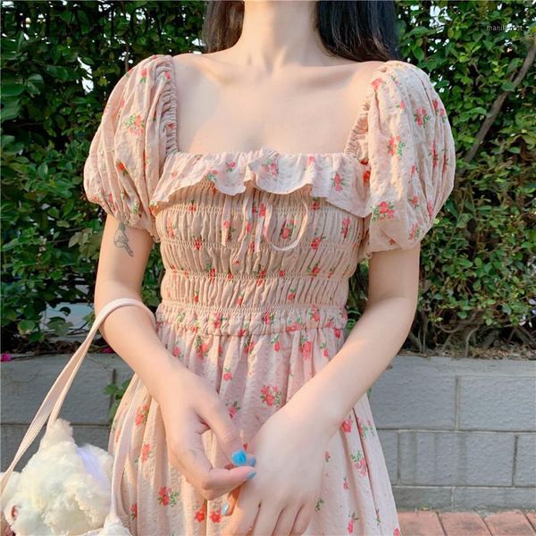 

oceanlove sweet kawaii vestidos girls japan style fashion high waist women dresses puff sleeve 2020 summer dress floral 167381, Black;gray