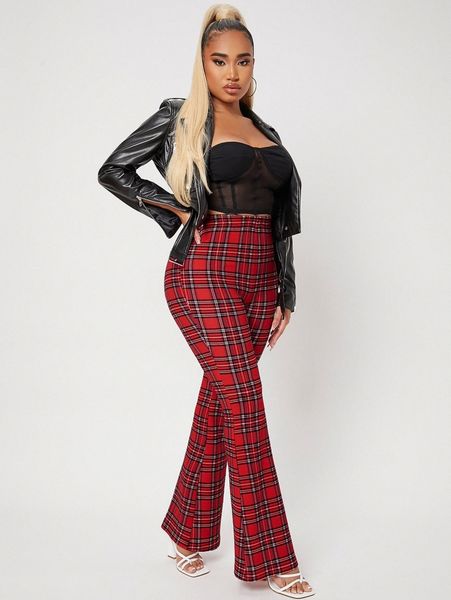 

sxy tartan print flare leg pants t5uc#, Black;white