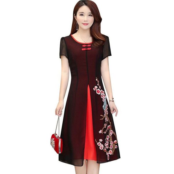 

2021 new summer women dresses new fashion embroidered chiffon plus size 5xl female fake two-piece office mid long dress vestidos c3ie, Black;gray