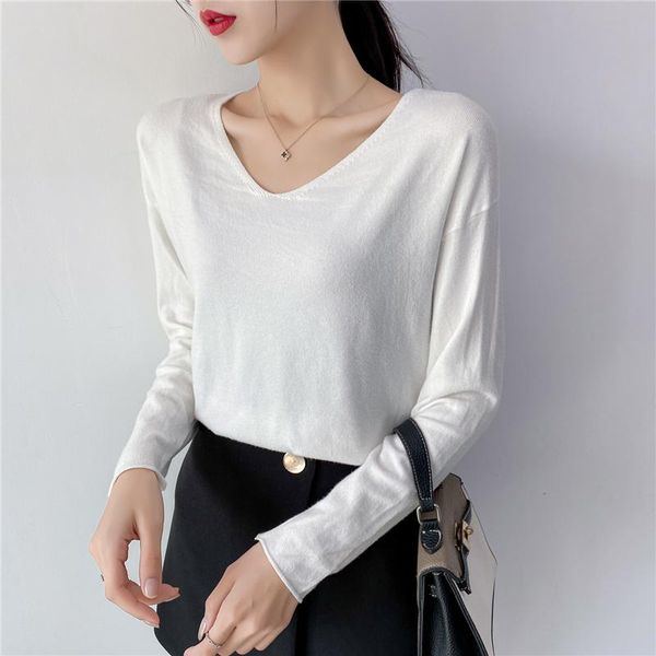 

2021 spring winter thick sweater women knitted ribbed pullover sweater v-neck long sleeve loose jumper soft warm pull femme, White;black
