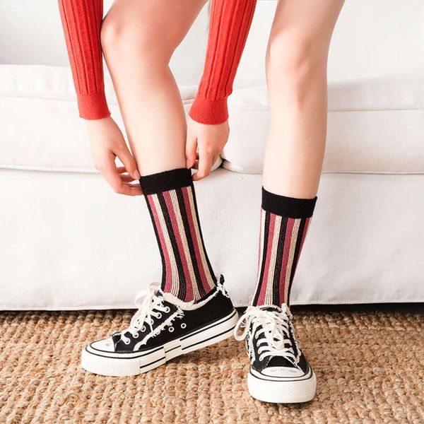 

socks children's fashion korean autumn and winter color vertical bar trend versatile street wind pile stockings, Black;white