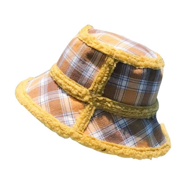 

wide brim hats winter plus velvet warm basin hat women shade check fisherman japanese fashion raw edge wild bucket tide, Blue;gray