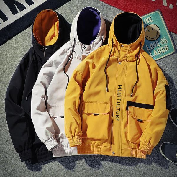 

мужчины моды с капюшоном bomber jacket 2020 осень мужчины корея стиль сыпучие ветровка куртка мужчины грузовой coat streetwear hip hop outwe, Black;brown