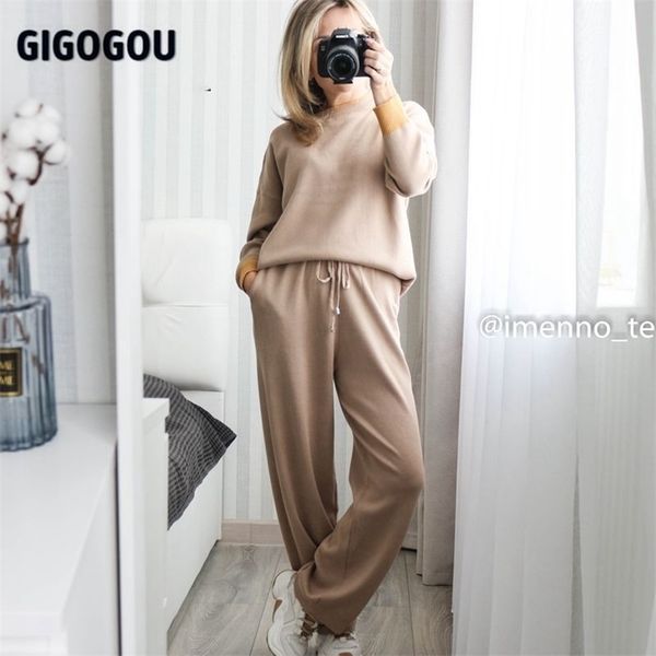 

gigogou knitted drape wide-leg pant suit winter warm two piece sets y2k women sweater tracksuits long straight trousers outfits 211221, White