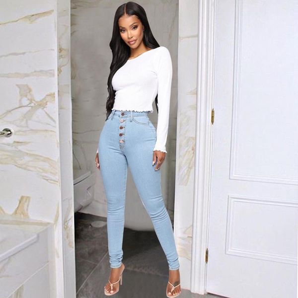

fashion high waist women jeans stretch bleached skinny denim pencil jeans destroyed blue bulift ankle- length pants1